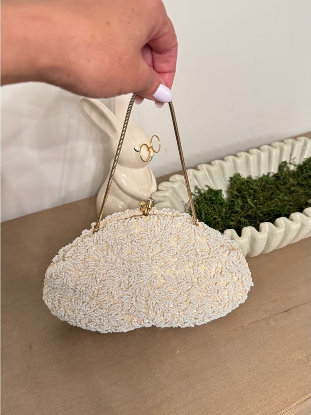 Ivory Beaded Floral Wristlet Clutch with Gold Strap